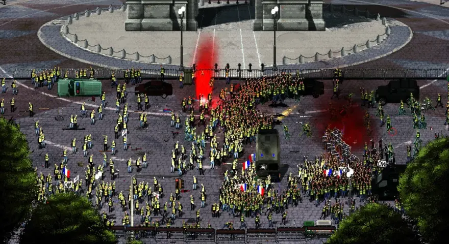 Un grande corteo di persone con giubbotti gialli e bandiere francesi, in un'ambientazione che ricorda un gioco da tavolo.