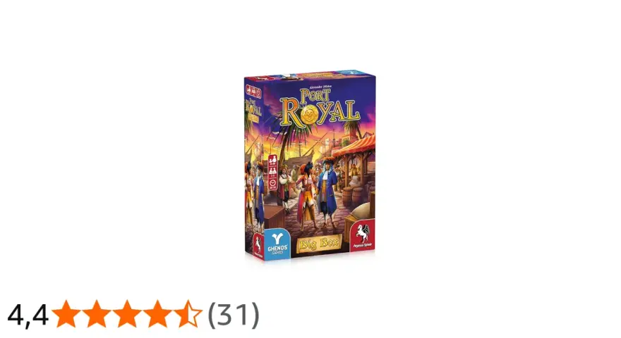 Scatola del gioco da tavolo "Port Royal Big Box", con ambientazione piratesca e valutazione 4,4 stelle.