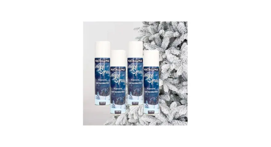 Quattro bombolette di neve spray Nataluna, per creare un effetto flocccata decorativo su alberi e decorazioni natalizie.