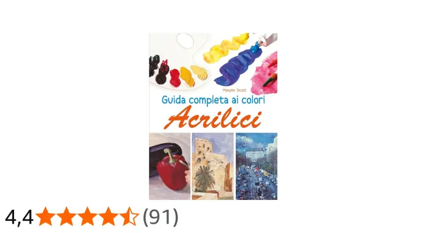 Copertina libro "Guida completa ai colori Acrilici" con tavolozza e colori vivaci.