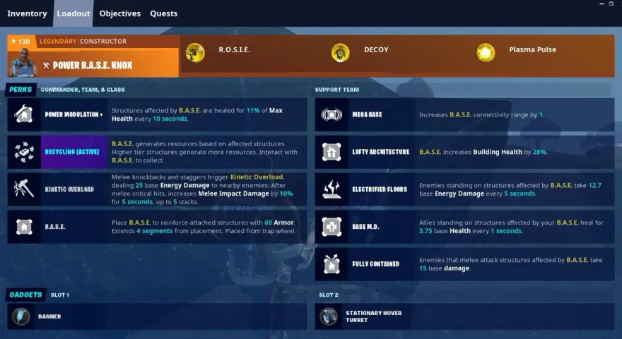 Fortnite loadout screen showing "Power B.A.S.E. Knox" constructor, perks, and support team abilities.