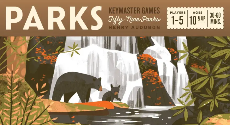 Copertina del gioco da tavolo PARKS: un orso e un cucciolo vicino a una cascata, con alberi autunnali.