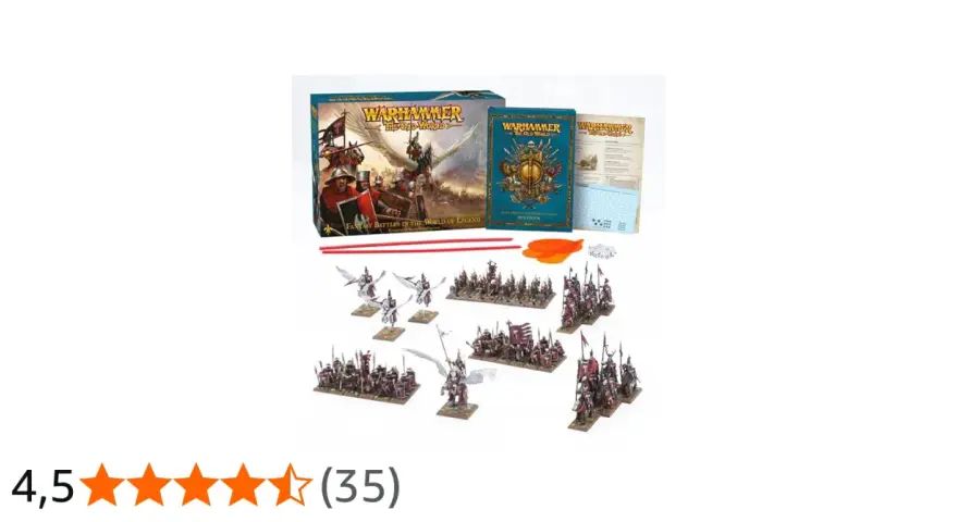 Set di miniature per Warhammer Fantasy: soldati, cavalieri alati e un libro regole.