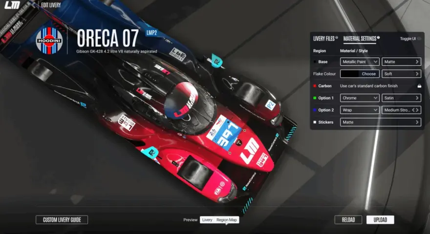 Auto da corsa Oreca 07 con livrea personalizzabile, un'anteprima per la tga community.