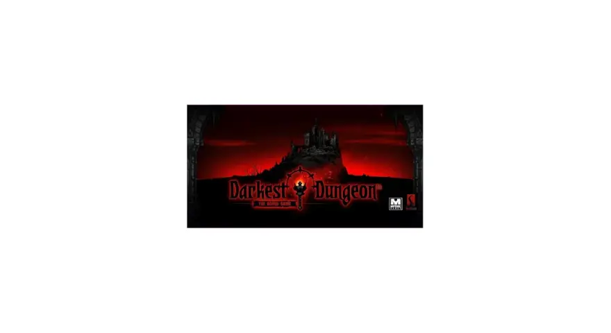 Il **Darkest Dungeon gioco da tavolo** presenta un castello oscuro su una collina, con un cielo rosso sangue e il logo del gioco.