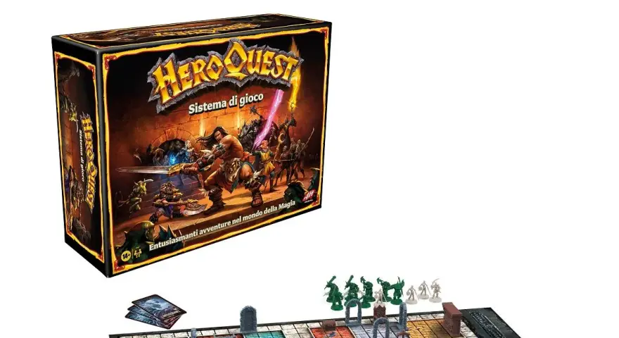 HeroQuest board game box art and game board with miniatures and dice.