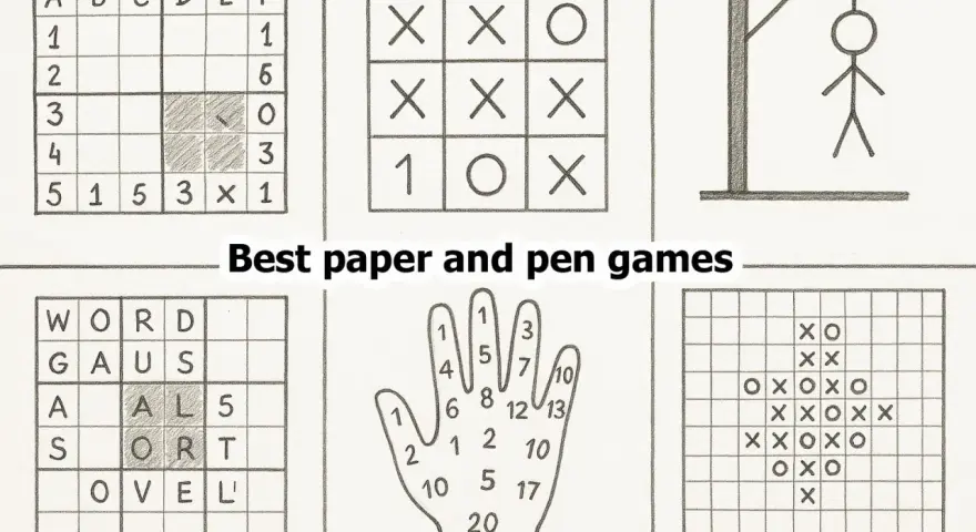 Sei giochi da stampare per adulti: battaglia navale, tris, l'impiccato, cruciverba, gioco della mano e griglia con X e O.