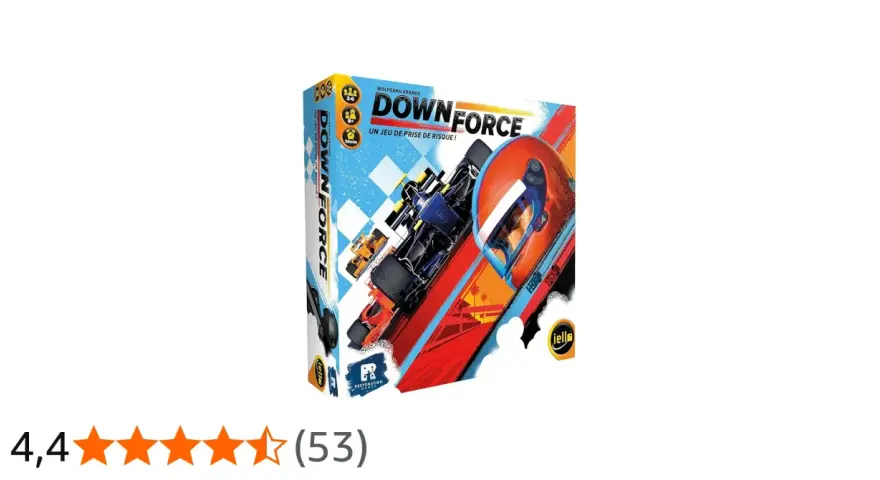 Scatola del gioco da tavolo "Down Force", con auto da corsa e un casco arancione. Un gioco di rischio e velocità.