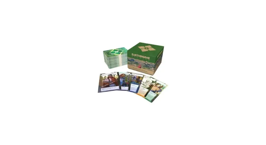 Scatola e carte del gioco da tavolo Earthborne Rangers. Un mazzo di carte è visibile in primo piano, con illustrazioni colorate.
