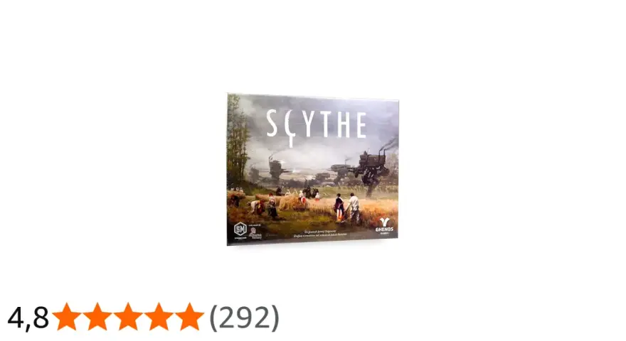 Copertina del gioco da tavolo Scythe, con un paesaggio rurale post-bellico e robot. Il regolamento è incluso.