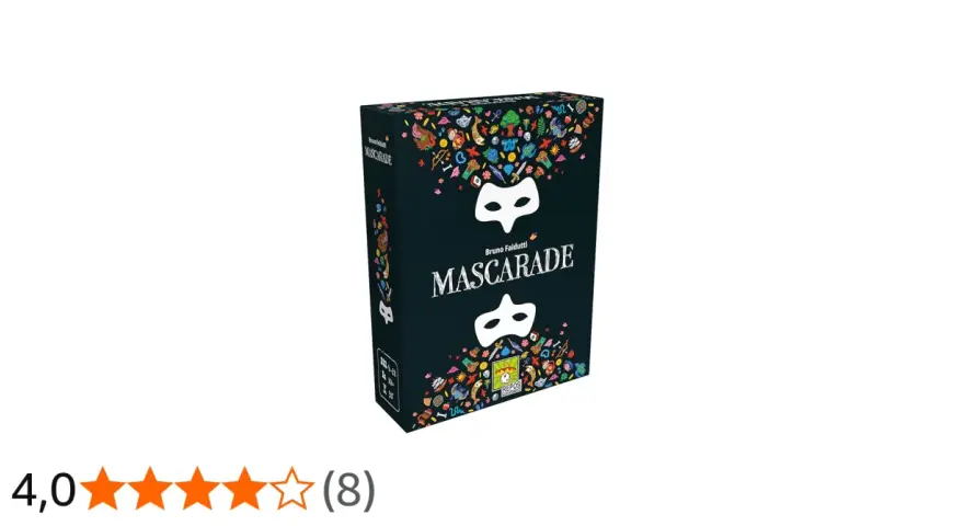 Scatola del gioco da tavolo "Mascarade", con maschere bianche e decorazioni colorate su sfondo nero. Un divertente gioco di bluff e identità.
