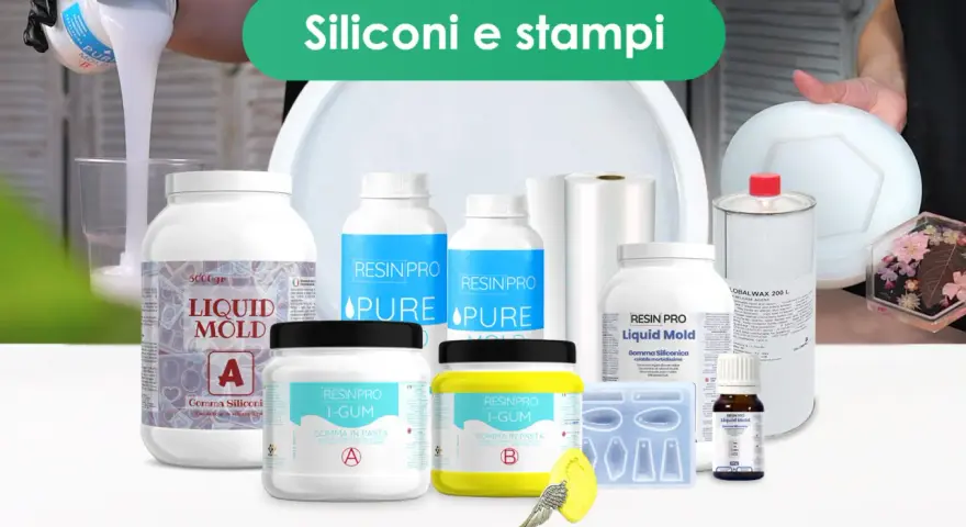 Kit per creare stampi in silicone per resina: siliconi liquidi e in pasta, stampini e accessori.