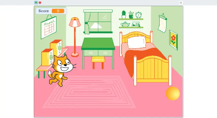 Gatto arancione corre in una stanza con letto, scrivania e pallina. Un progetto di scratch building.
