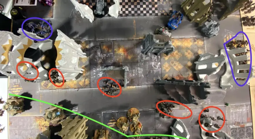 Un campo di battaglia di Warhammer con miniature di guardia imperiale in posizioni strategiche tra rovine e veicoli.