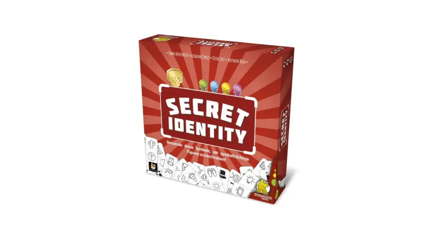 Scatola del gioco da tavolo "Secret Identity". Un gioco di deduzione dove i giocatori usano simboli per descrivere personaggi misteriosi.