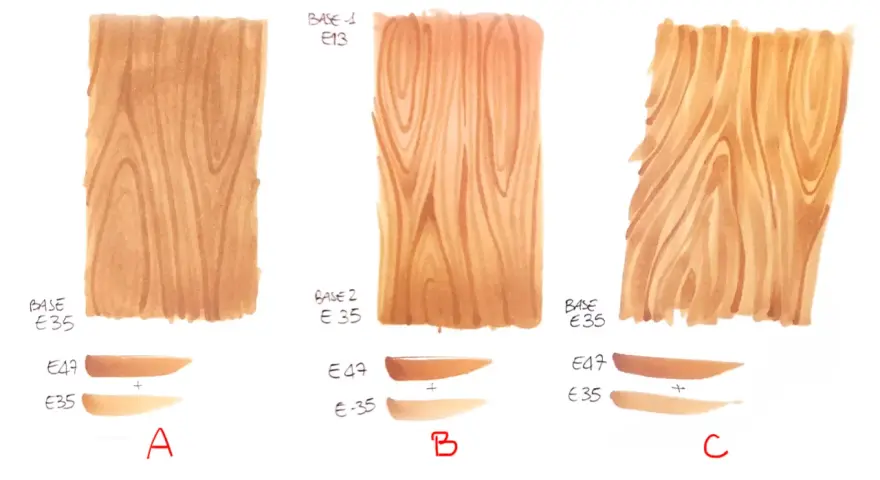 Esempi di tampone effetto legno fai da te con diverse basi e sfumature.