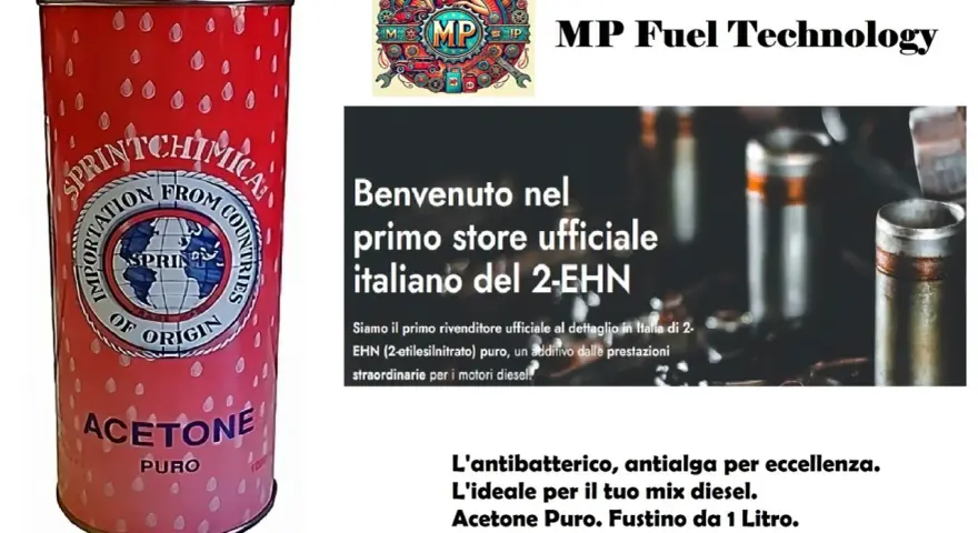 Fustino rosso con etichetta "Acetone Puro" e logo "Sprint Chimica". Accanto, testo promozionale per "MP Fuel Technology" e un additivo diesel.