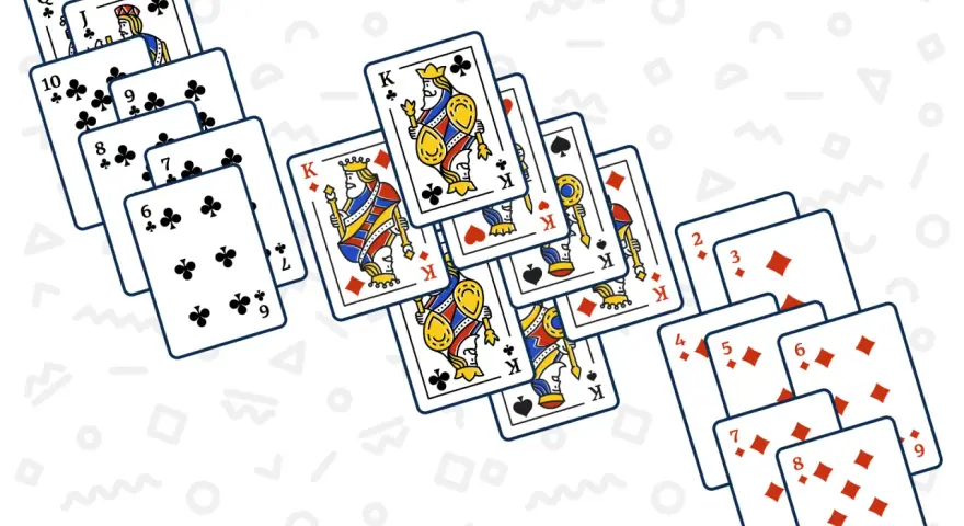 Carte da gioco sparse, tra cui Re di cuori e fiori, e sequenze di carte di quadri e fiori. Un gioco di carte come Macao.