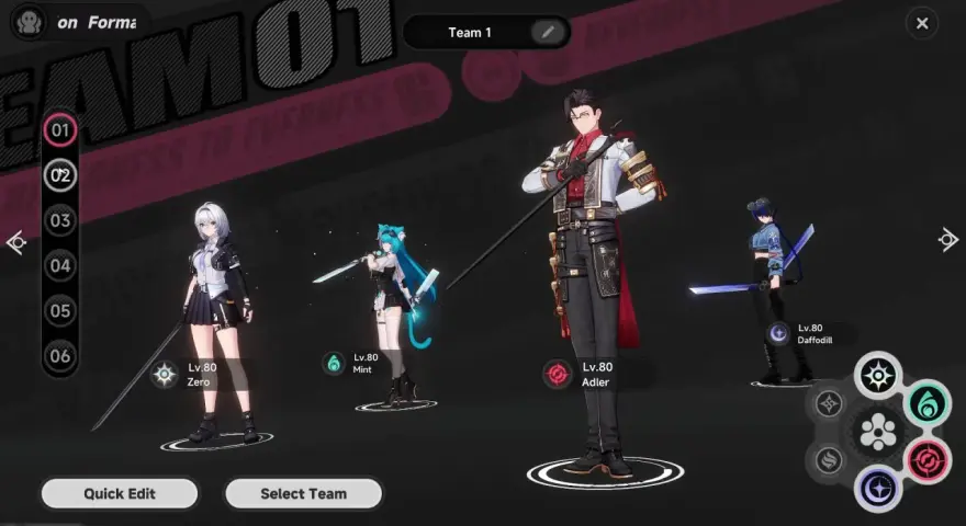 Personaggi pronti per i giochi roleplay: Zero, Mint, Adler e Daffodill, tutti al livello 80.