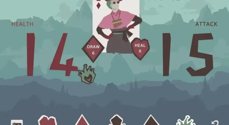 Schermata di gioco con personaggio stilizzato, carte e statistiche. Il regolamento del regicide è chiaro: salute 14, attacco 15.