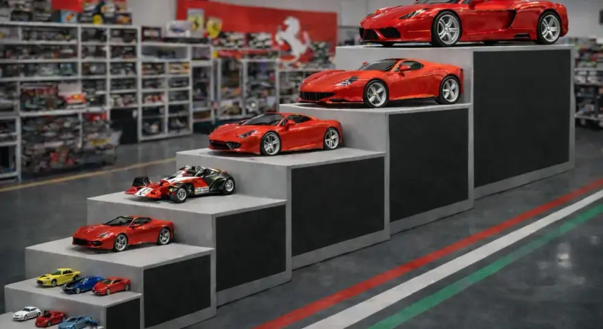 Una tabella scala modellismo auto Ferrari, con modelli di diverse dimensioni disposti su gradini.