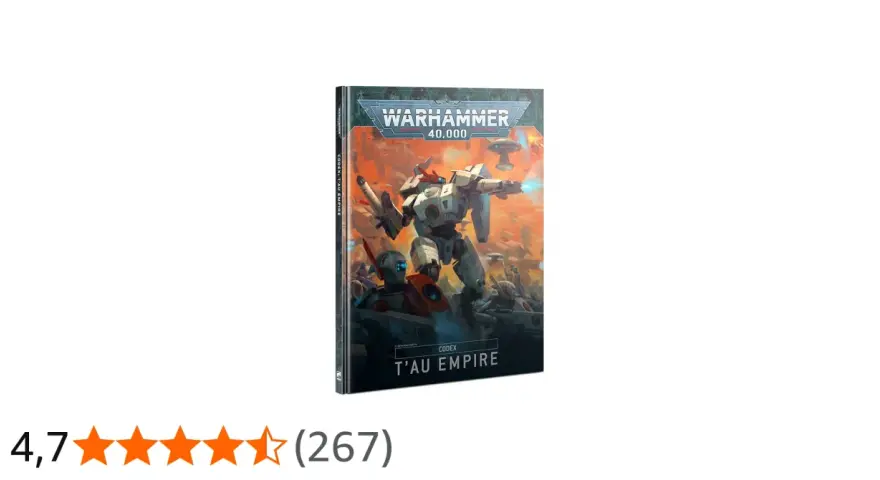 Copertina del Codex T'au Empire per Warhammer 40,000, con un imponente mech e guerrieri T'au in battaglia.