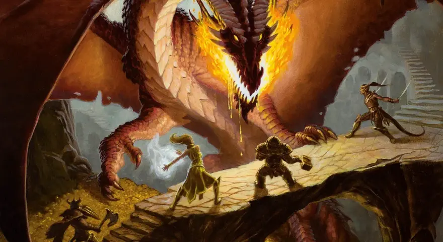 Un drago sputa fuoco, minacciando un gruppo di avventurieri. I pericoli sono ovunque, ma il coraggio non manca.
