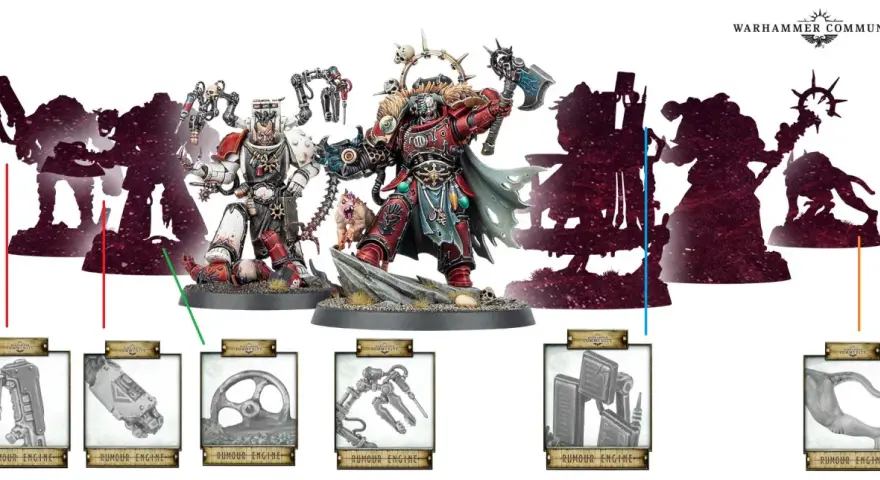 Eroi di Warhammer Italia in posa, con silhouette di guerrieri e dettagli di equipaggiamento.