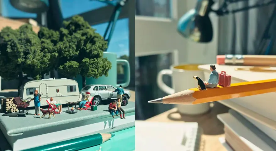 Un diorama cos'è? Scene in miniatura: un campeggio con roulotte e persone, e un uomo con cane su una matita.
