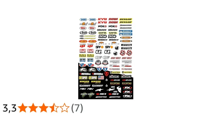 Un assortimento di decalcomania tecnica per moto, con marchi come Shoei, Dunlop, Michelin e Arai, ideale per personalizzare il tuo mezzo.
