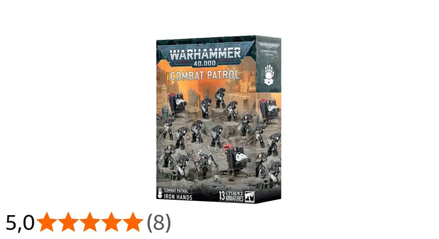 Scatola di Warhammer 40,000 Combat Patrol con miniature degli Iron Hands, pronte per la battaglia.
