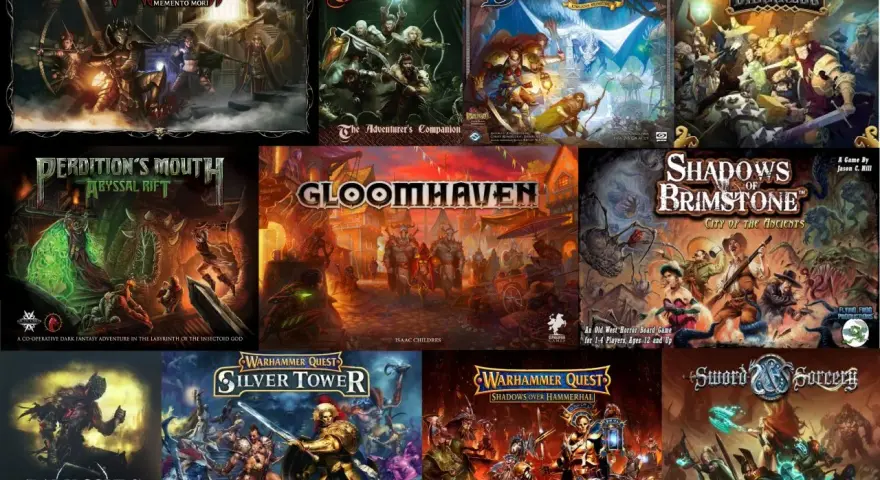 Collezione di copertine di giochi da tavolo, tra cui diversi giochi di ruolo dungeon crawler come Gloomhaven e Descent.