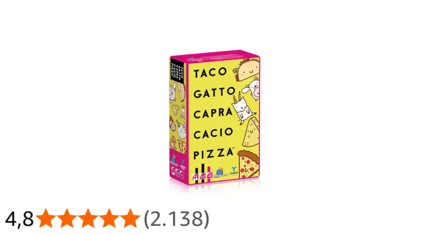Scatola del gioco Taco Gatto Capra Cacio Pizza con disegni simpatici di un taco, un gatto, una capra e una pizza.