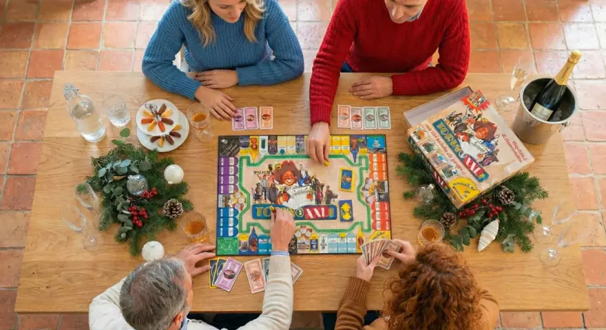 Famiglia riunita attorno a un tavolo di legno per divertenti giochi sociali, con un gioco da tavolo, carte, bevande e decorazioni natalizie.