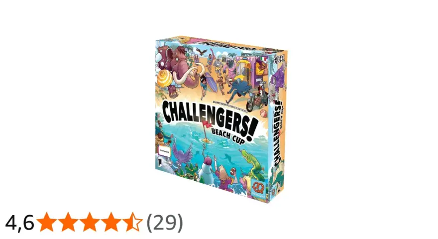 Scatola del gioco da tavolo "Challengers! Beach Cup" con personaggi stravaganti su una spiaggia e in mare.