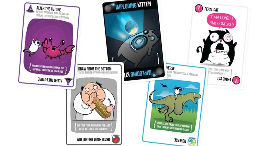 Carte da Exploding Kittens: Imploding Kitten, Feral Cat, Alter the Future, Draw from the Bottom e Reverse.