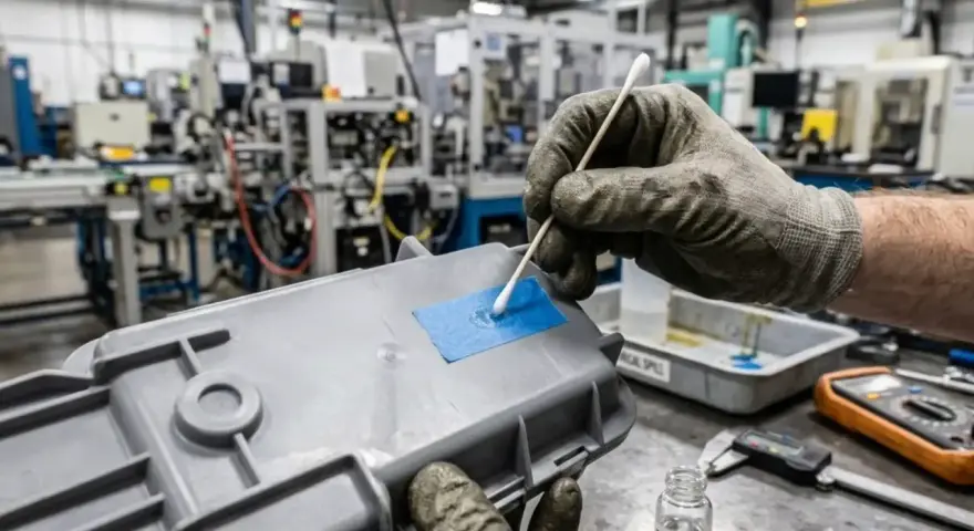 Guanto con cotton fioc applica solvente su plastica, un metodo per togliere la vernice.