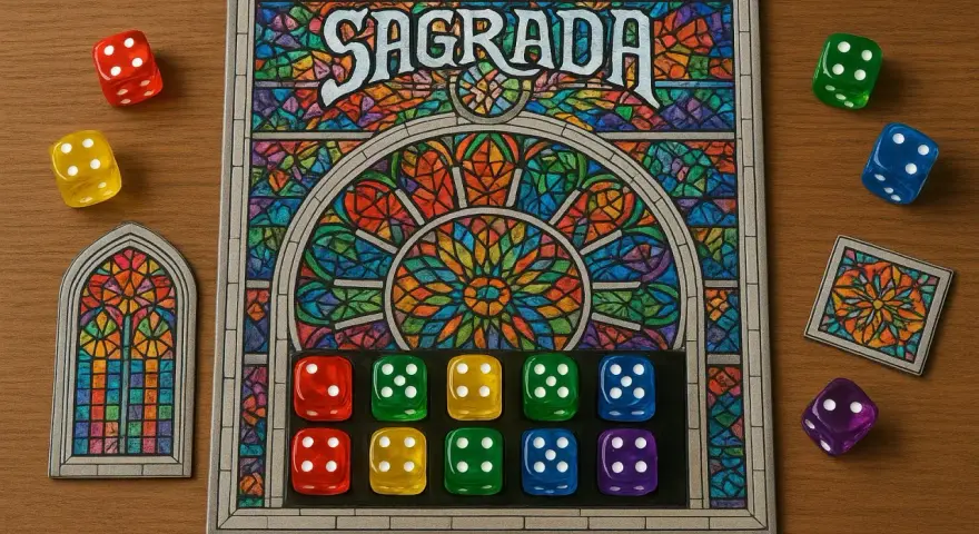 Il gioco da tavolo Sagrada, con dadi colorati e un design ispirato alle vetrate, pronto per una partita.