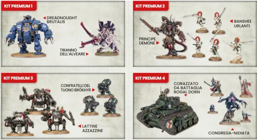 Kit Warhammer edicola: Dreadnought, Tiranno, Principe Demone, Banshee, Orki, Rogal Dorn e Congrega-Nidiata.