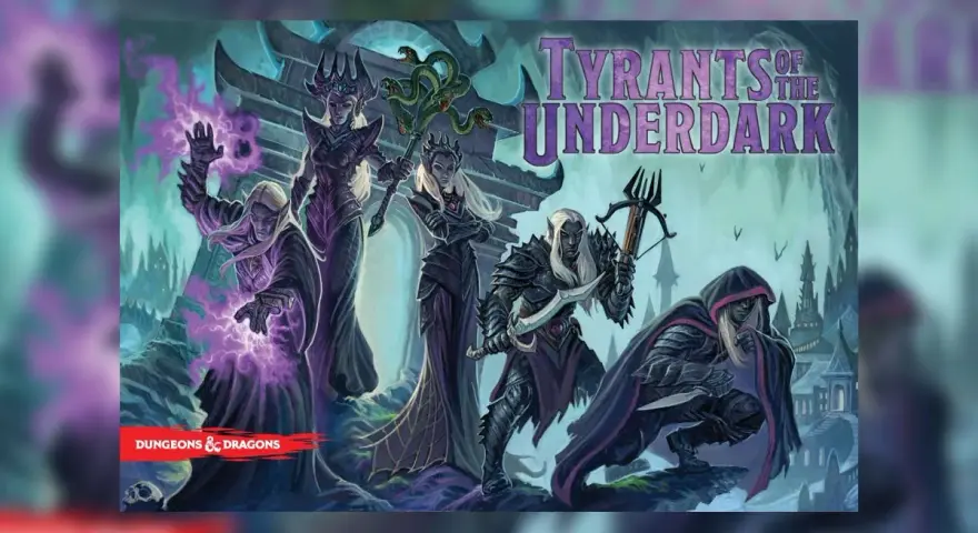I tiranni dell'Underdark, elfi oscuri con armature e armi minacciose, preparano un attacco in un paesaggio sotterraneo.