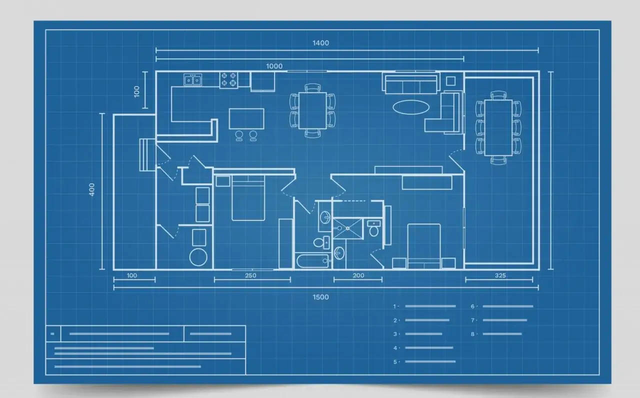 Planimetria di una casa con misure, utile come proporzione per trovare la scala di un disegno.