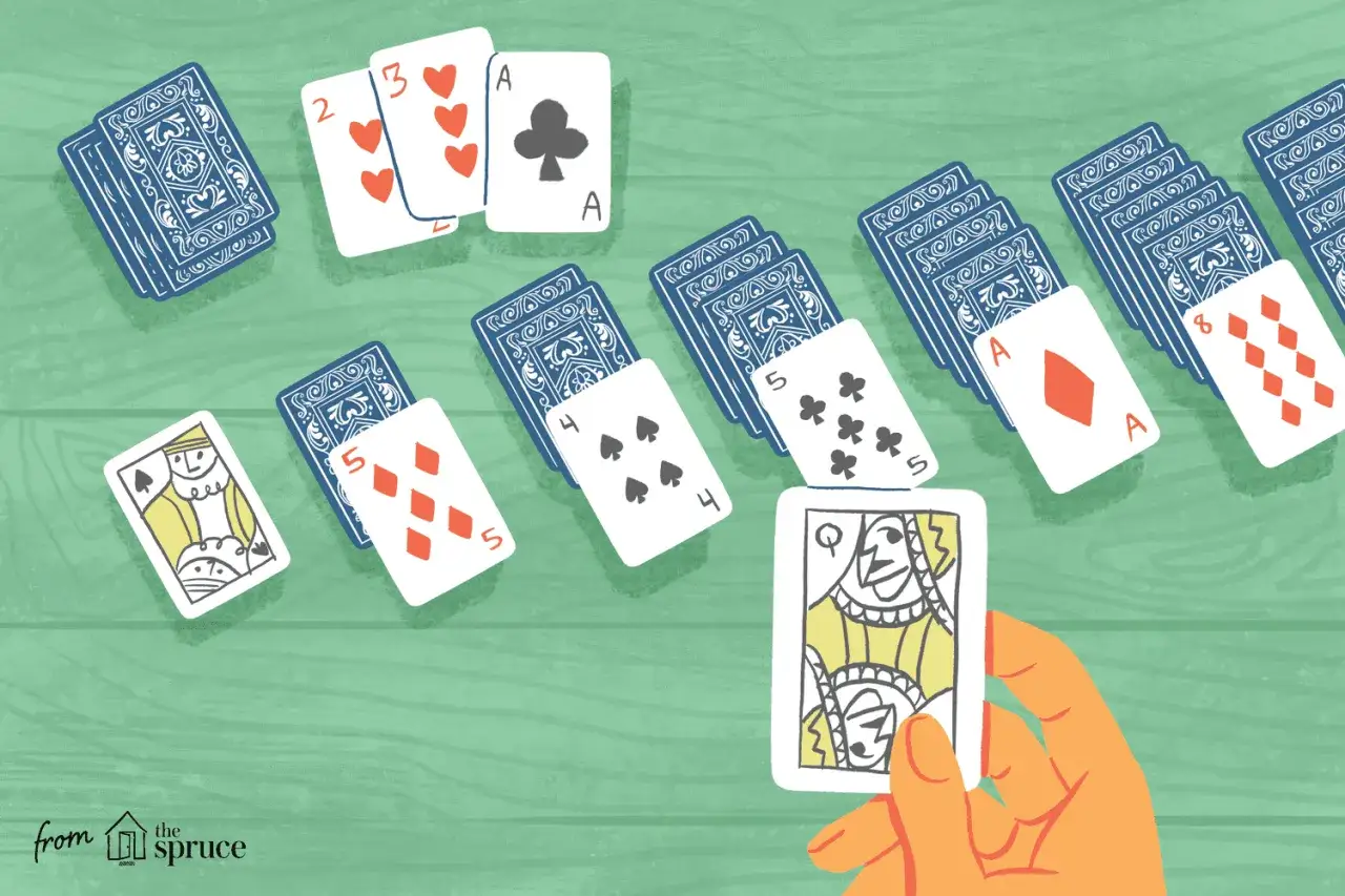Mano che tiene una Regina, circondata da carte sparse, un invito a scoprire i pi&ugrave; bei giochi di solitario.