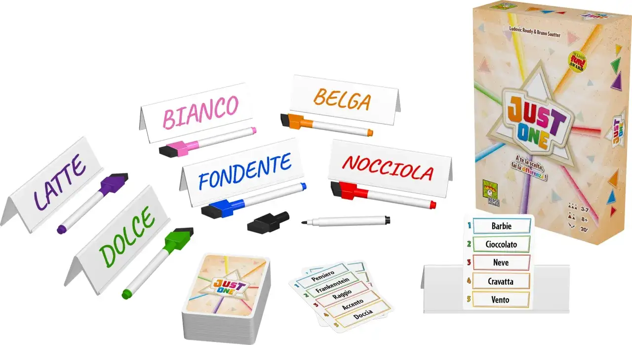Componenti del gioco da tavolo Just One: carte con parole, pennarelli e tabelloni per scrivere.