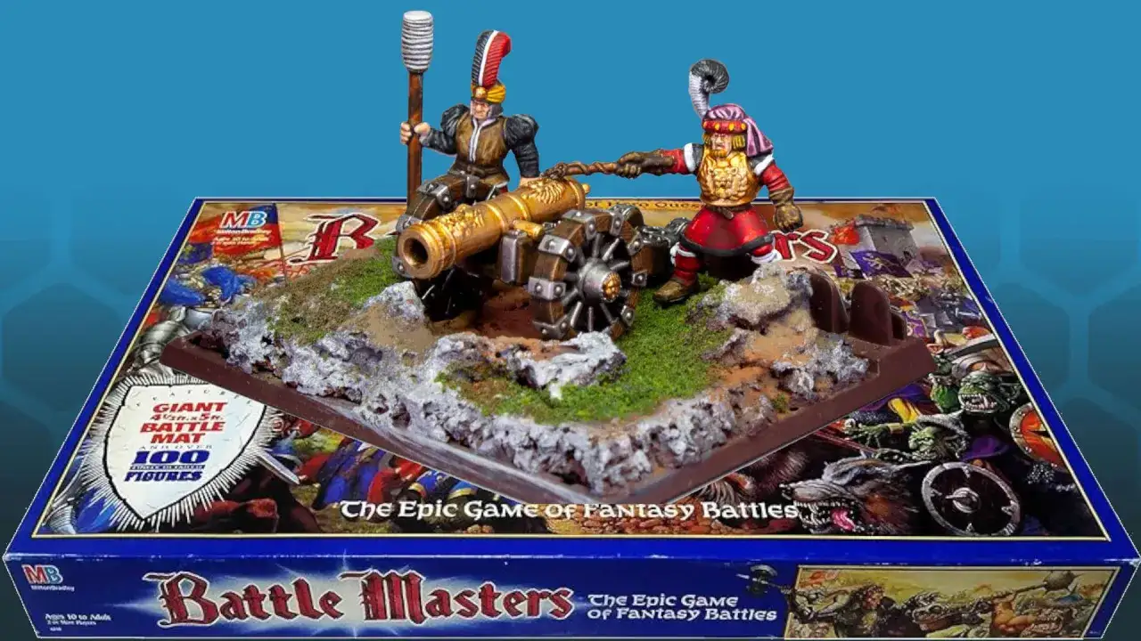 Due soldati con un cannone, parte di giochi miniature di Battle Masters.