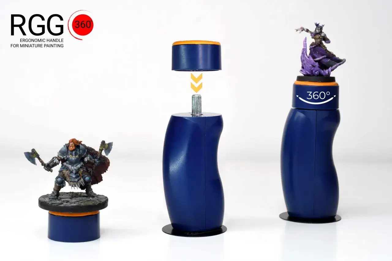 Manuale per dipingere miniature: un guerriero e una maga su supporti rotanti a 360&deg;.