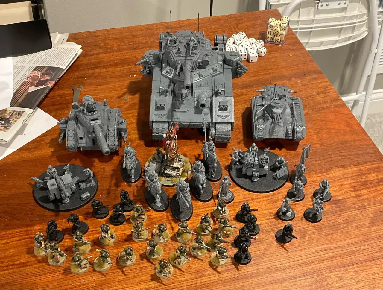 Modellini di veicoli e soldati della guardia imperiale di Warhammer, pronti per la battaglia.