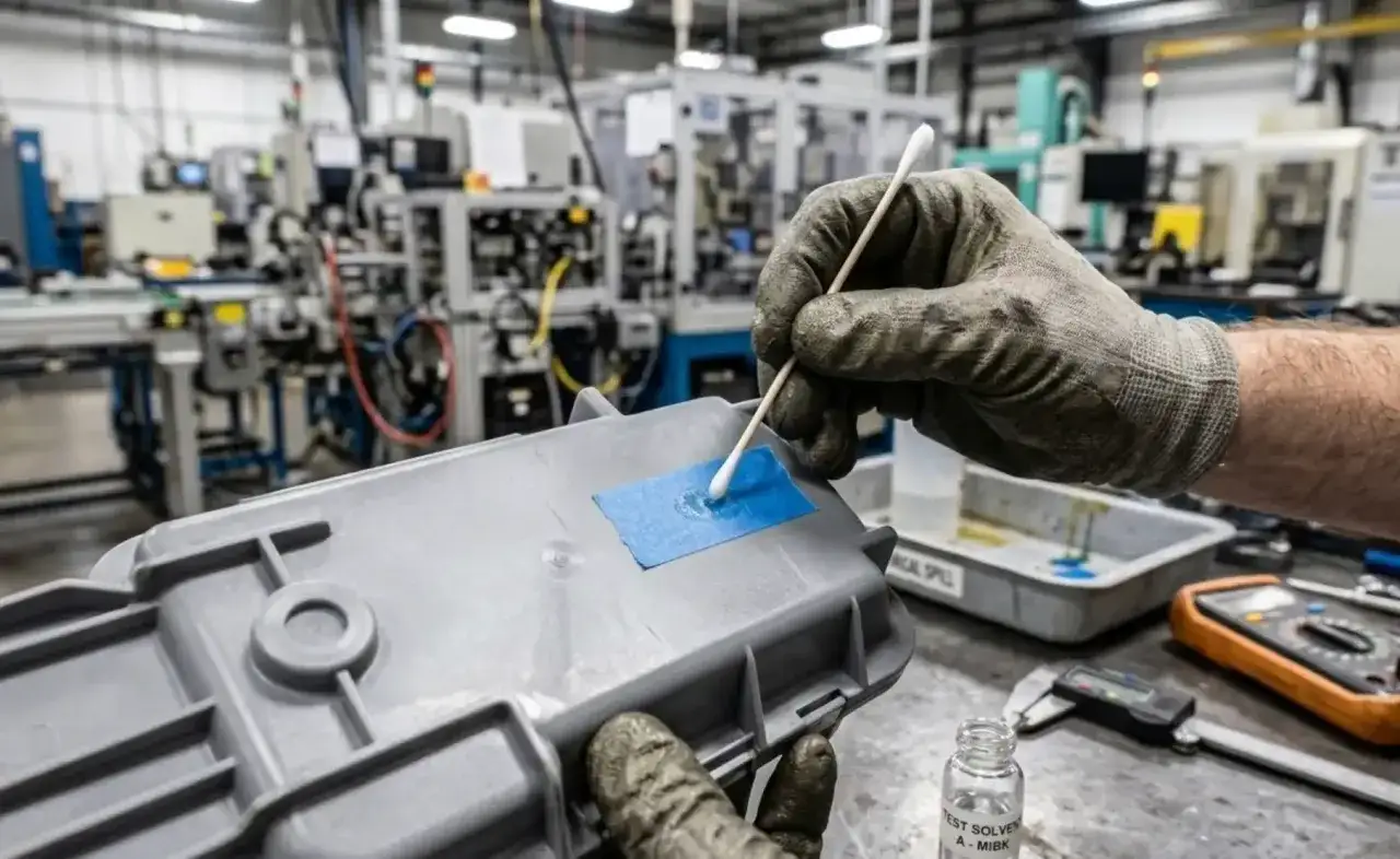 Guanto con cotton fioc applica solvente su plastica, per capire come togliere la vernice.