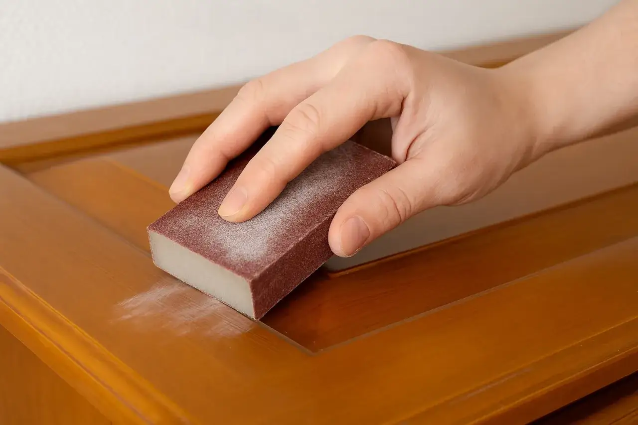 Mano che carteggia una superficie in legno lucida con una spugna abrasiva per rendere opaca la vernice.