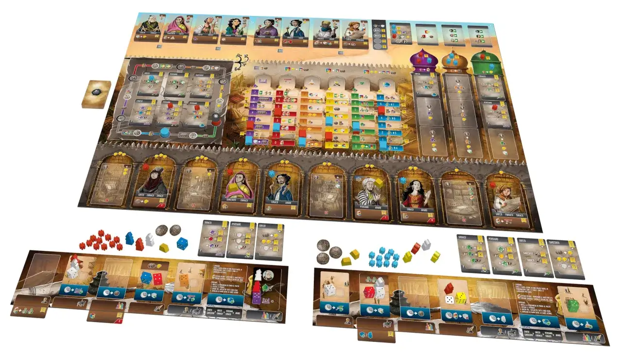 Viandanti a sud del Tigri esplorano un mercato colorato, scambiando merci e dadi per progredire nel gioco.