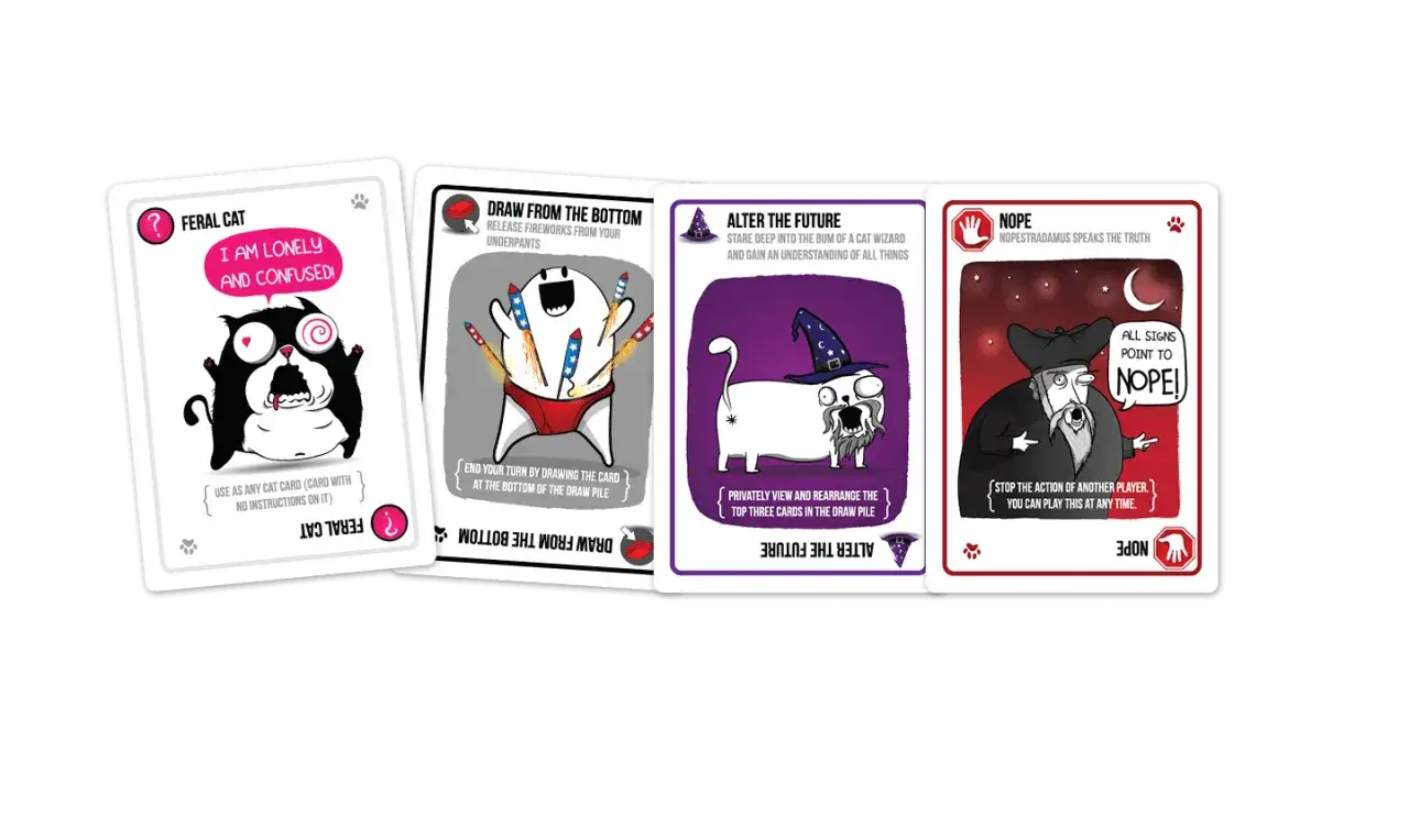 Carte di Exploding Kittens: Feral Cat, Draw from the Bottom, Alter the Future e Nope. Le espansioni aggiungono caos!